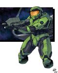  1boy assault_rifle bullpup cropped_legs english_commentary ethandoesathing gun halo_(series) helmet highres holding holding_gun holding_weapon ma5 male_focus master_chief power_armor rifle science_fiction solo space spartan_(halo) visor weapon 