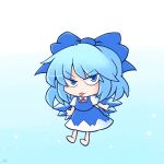  1girl 216 barefoot blue_bow blue_dress blue_eyes blue_hair bow brown_footwear chibi cirno collared_shirt dress flat_chest hair_bow ice ice_wings long_dress neck_ribbon pinafore_dress puffy_short_sleeves puffy_sleeves red_neckwear ribbon shirt shoes short_dress short_hair short_sleeves simple_background socks solo tongue tongue_out touhou v-shaped_eyebrows white_background white_legwear white_shirt wings 