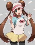  1girl :d black_legwear bow bright_pupils brown_hair commentary_request cowboy_shot double_bun green_eyes grey_background hands_up highres legwear_under_shorts long_hair looking_at_viewer one_eye_closed open_mouth pantyhose pink_bow pokemon pokemon_(game) pokemon_bw2 raglan_sleeves rosa_(pokemon) short_shorts shorts shugara smile solo tongue twintails visor_cap w_arms white_pupils yellow_shorts 