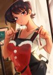  1girl absurdres apron black_hair blush breasts commentary curtains earrings english_commentary eyebrows_visible_through_hair highres holding holding_clothes holding_up indoors jewelry khyle. komi-san_wa_komyushou_desu komi_shuuko looking_at_mirror looking_at_viewer mirror picture_(object) santa_costume shirt short_hair solo stud_earrings white_shirt 