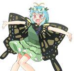  1girl antennae aqua_hair arnest blush butterfly_wings dress eternity_larva eyebrows_visible_through_hair fairy feet_out_of_frame green_dress hair_between_eyes leaf leaf_on_head multicolored_clothes multicolored_dress open_mouth outstretched_arms red_eyes short_hair short_sleeves simple_background single_strap smile solo spread_arms touhou white_background wings 