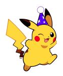  :3 :d artsy-rc commentary english_commentary full_body hat highres looking_at_viewer no_humans one_eye_closed open_mouth party_hat pikachu pokemon pokemon_(creature) signature simple_background smile solo white_background 