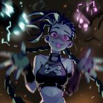  1girl absurdres arcane:_league_of_legends arcane_jinx bangs bare_shoulders black_choker black_gloves blurry blurry_foreground braid breasts choker explosive fingerless_gloves gloves green_hair grenade highres jinx_(league_of_legends) league_of_legends long_hair looking_at_viewer small_breasts smile solo teeth tongue tongue_out twin_braids upper_body vaffer 