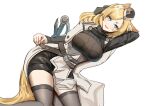  1girl arki_arasy arknights bangs black_headwear black_legwear black_ribbon black_shorts blonde_hair breasts eyebrows_visible_through_hair feet_out_of_frame hair_ribbon hand_on_arm hand_on_thigh highres large_breasts light_blue_eyes long_hair looking_at_viewer lying on_side open_clothes open_mouth open_robe ribbon robe shorts smile solo thigh-highs whislash_(arknights) white_background white_robe 
