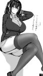  1girl absurdres arm_behind_back blazer blush bow bowtie breasts buttons closed_mouth collared_shirt crossed_legs dress_shirt eyebrows_visible_through_hair feet_out_of_frame from_below frown garter_straps greyscale hair_between_eyes hair_ribbon hand_in_hair hand_up highres hotate-chan invisible_chair jacket large_breasts long_hair long_sleeves looking_at_viewer looking_down miniskirt monochrome original pleated_skirt pocket ribbon school_uniform shirt shoe_dangle shoes sitting skirt solo thigh-highs translation_request twintails 