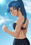  1girl absurdres arm_up bangs bare_shoulders blue_eyes blue_hair blue_sky clenched_hand eyebrows_visible_through_hair highres hizakozouman lens_flare looking_back muscular muscular_female original outdoors pants parted_lips ponytail sky sports_bra sportswear sun sunlight sweat 