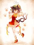  1girl animal_ear_fluff animal_ears bow brown_hair cat_ears cat_tail character_name chen chinese_clothes claw_pose claws earrings fingernails green_headwear highres jewelry mary_janes multiple_tails nail_polish nekomata one-hour_drawing_challenge paw_print puffy_sleeves ratto_(mobilis_1870) red_footwear ribbon sharp_fingernails shoes short_hair simple_background single_earring slit_pupils sparkle_background standing tabard tail touhou two_tails yellow_eyes 