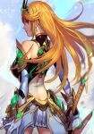  1girl aegis_sword_(xenoblade) ass back bangs bare_shoulders blonde_hair breasts dress earrings elbow_gloves gloves hankuri jewelry large_breasts long_hair looking_at_viewer looking_back mythra_(xenoblade) short_dress smile solo swept_bangs tiara white_dress white_gloves xenoblade_chronicles_(series) xenoblade_chronicles_2 yellow_eyes 