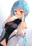  1girl black_necktie black_neckwear blue_hair breasts closed_mouth commentary_request glasses highres kuroshiro_kanae long_hair looking_at_viewer medium_breasts necktie original red_eyes smile solo 