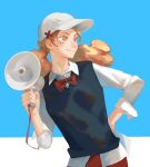  1girl absurdres baseball_cap black_vest bn3ppo bow bowtie brown_hair buttons closed_mouth collared_shirt commentary haikyuu!! hand_on_hip hat highres holding holding_megaphone leaning_to_the_side long_hair looking_away megaphone multicolored_eyes school_uniform shirt sleeves_folded_up smile solo twintails vest white_shirt yamamoto_akane 
