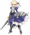  1girl ahoge armor armored_boots artoria_pendragon_(fate) bangs blonde_hair blue_dress boots braid breastplate commentary_request dress eyebrows_visible_through_hair fate/stay_night fate_(series) full_body gauntlets green_eyes green_ribbon hair_ribbon highres holding holding_sword holding_weapon juliet_sleeves karukan_(monjya) long_sleeves puffy_sleeves ribbon saber shiny shiny_hair short_hair simple_background sword weapon white_background 