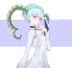  +_+ 1girl bangs braid breasts choker collarbone crimsonknigh_t crown_braid curled_horns dress fate/grand_order fate/grand_order_arcade fate_(series) highres horns jewelry larva_tiamat long_hair long_horns long_sleeves looking_at_viewer pendant pointy_ears ribbed_dress silver_hair small_breasts solo symbol-shaped_pupils tiamat_(fate) violet_eyes white_dress 