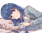  1girl absurdres bangs bed_sheet blue_hair blush closed_mouth collared_shirt dress_shirt eyebrows_visible_through_hair gar32 grey_shirt hands_up highres long_hair long_sleeves looking_at_viewer lying on_side pillow shima_rin shirt simple_background smile solo violet_eyes white_background yurucamp 