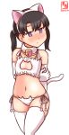  1girl alternate_costume artist_logo bell black_hair blush bra cat_cutout cat_ear_panties cat_lingerie cleavage_cutout clothing_cutout commentary_request cowboy_shot dated embarrassed flat_chest frilled_bra frills jingle_bell kanon_(kurogane_knights) kantai_collection lingerie looking_at_viewer meme_attire neck_bell nose_blush one-hour_drawing_challenge panties short_hair shounan_(kancolle) side-tie_panties simple_background solo thigh-highs twintails underwear underwear_only violet_eyes white_background white_bra white_legwear white_panties 