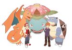  2boys bangs baseball_cap black_pants blastoise blue_oak boot_straps boots brown_footwear charizard closed_mouth commentary_request crossed_arms hat holding holding_poke_ball jacket jaho jewelry long_shirt long_sleeves male_focus multiple_boys necklace pants pants_tucked_in poke_ball poke_ball_(basic) pokemon pokemon_(creature) pokemon_(game) pokemon_rgby purple_shirt red_(pokemon) red_headwear shirt shoes short_hair short_sleeves smile spiky_hair standing transparent_background venusaur 