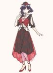  1girl adapted_costume black_dress collared_dress dated dress eyebrows_visible_through_hair full_body hair_ornament high_heels highres leaf_hair_ornament mirror open_mouth purple_hair red_dress red_eyes red_footwear shikido_(khf) short_hair signature solo touhou yasaka_kanako 