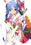  1girl absurdres animal_ear_fluff animal_ears apron bangs blue_hair bow braid carrot_hair_ornament closed_mouth commentary_request eyebrows_behind_hair feet_out_of_frame food-themed_hair_ornament frilled_apron frilled_legwear frills hair_between_eyes hair_bow hair_ornament hamada_pengin highres hololive japanese_clothes kimono knee_up multicolored_hair obi pink_kimono pleated_skirt puffy_short_sleeves puffy_sleeves rabbit_ears red_bow red_eyes red_skirt sash short_eyebrows short_sleeves skirt smile solo thick_eyebrows thigh-highs twin_braids twintails two-tone_hair usada_pekora virtual_youtuber waist_apron white_apron white_bow white_hair white_legwear 