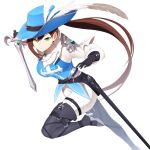  1girl absurdres black_survival bobby36446329 boots breasts brown_hair feathers fiora_pellerin green_eyes hat highres large_breasts musketeer official_alternate_costume pants ponytail rapier simple_background sword thigh-highs thigh_boots weapon white_background white_pants 