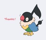  beak bird chatot closed_eyes commentary_request from_side happy jaho no_humans notice_lines pokemon pokemon_(creature) simple_background solo standing talons thank_you white_background 