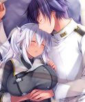  1boy 1girl absurdres admiral_(kancolle) black_hair blush breasts closed_eyes commentary_request dark-skinned_female dark_skin fang highres husband_and_wife jewelry kantai_collection large_breasts mashiro_yukiya military military_uniform musashi_(kancolle) naval_uniform open_mouth ring silver_hair sleeping two_side_up uniform wedding_band 