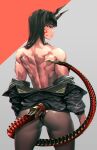  1girl absurdres ass back bangs bare_shoulders black_hair blunt_bangs cowboy_shot expressionless facepaint highres horns jacket long_sleeves looking_to_the_side mechanical_tail mikel_(4hands) muscular muscular_female off_shoulder original simple_background solo tail two-tone_background 