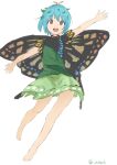  1boy antennae aqua_hair arm_up bare_legs barefoot brown_eyes butterfly_wings dress eternity_larva eyebrows_visible_through_hair fairy full_body green_dress hair_between_eyes highres leaf leaf_on_head multicolored_clothes multicolored_dress nise6 open_mouth short_hair simple_background single_strap smile solo teeth touhou twitter_username upper_teeth white_background wings 