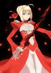  1girl ahoge bangs blonde_hair breasts c.ato dress eyebrows_behind_hair fate/extra fate/grand_order fate_(series) hair_between_eyes highres holding holding_sword holding_weapon looking_at_viewer nero_claudius_(fate) nero_claudius_(fate)_(all) red_dress short_hair simple_background smile solo sword weapon white_background yellow_eyes 