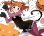  1girl :3 animal_ears animal_hands aqua_eyes bell candy cat_ears cat_tail collar duplicate food gloves halloween idolmaster idolmaster_(classic) jack-o&#039;-lantern lollipop looking_at_viewer lying neck_bell orange_hair pantyhose paw_gloves pixel-perfect_duplicate solo star_(symbol) tail takatsuki_yayoi tokiani twintails 