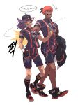  +++ 2boys absurdres baseball_cap black_hair black_legwear collared_shirt commentary_request dark-skinned_male dark_skin earrings facial_hair hat highres jewelry knees korean_commentary laughing leon_(pokemon) long_hair male_focus motion_lines multiple_boys open_mouth orange_headband pokemon pokemon_(game) pokemon_swsh purple_hair raihan_(pokemon) redlhzz shirt shoes short_hair shorts socks standing teeth undercut 