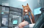  1girl ahoge animal_ears arknights arm_support arms_at_sides bandaid bandaid_on_leg bangs bed blurry blurry_background breasts ceobe_(arknights) character_name character_profile choker collarbone commentary_request dog_ears hospital hospital_bed intravenous_drip long_hair looking_at_viewer on_bed red_eyes screen shirt short_sleeves shorts sitting sitting_on_bed smug solo tai_(e3d1p) very_long_hair 