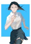  1girl black_hair black_legwear black_skirt blue_eyes bn3ppo buttons closed_mouth collared_shirt commentary glasses haikyuu!! highres looking_at_viewer mole mole_under_mouth running school_uniform shimizu_kiyoko shirt skirt sleeves_rolled_up smile solo thigh-highs white_shirt 
