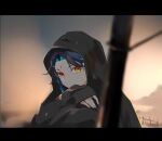  1boy black_hair blue_hair cloak closed_mouth clouds facial_mark forehead_mark genshin_impact gradient_hair hood hooded_cloak letterboxed long_sleeves looking_at_viewer male_focus multicolored_hair outdoors qingxin_gua_yu sky solo upper_body xiao_(genshin_impact) 