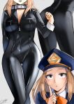  1girl arm_behind_back artist_name ass_visible_through_thighs black_bodysuit blonde_hair bodysuit boku_no_hero_academia bow breasts brown_eyes brown_hair clenched_hand cliov covered_navel cowboy_shot english_commentary hand_up hat highres index_finger_raised knees_together_feet_apart large_breasts long_sleeves multiple_views open_mouth parted_lips simple_background solo standing thigh_gap thighs utsushimi_kemii white_background zipper 