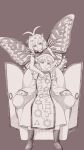  2girls antennae brown_background butterfly_wings closed_mouth constellation_print eternity_larva eyebrows_visible_through_hair fairy hair_between_eyes highres leaf leaf_on_head long_hair matara_okina monochrome multiple_girls open_mouth shikido_(khf) short_hair simple_background sitting skirt smile tabard touhou wide_sleeves wings 