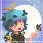  1girl animal antennae aqua_hair blush_stickers bug butterfly dress eternity_larva fairy green_dress kanno_fumiroku leaf leaf_on_head multicolored_clothes multicolored_dress one_eye_closed open_mouth portrait short_hair single_strap smile solo touhou yellow_eyes 