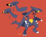  black_sclera closed_mouth collarbone colored_sclera commentary_request garchomp jaho no_humans open_mouth pokedex_number pokemon pokemon_(creature) red_background sharp_teeth simple_background spikes standing teeth tongue yellow_eyes 