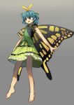  1girl antennae aqua_hair bare_legs barefoot butterfly_wings dress eternity_larva fairy full_body green_dress grey_background hair_between_eyes highres leaf leaf_on_head multicolored_clothes multicolored_dress open_mouth short_hair simple_background single_strap smile solo suna_(s73d) touhou violet_eyes wings 