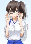  1girl akito_(sub707) bespectacled black-framed_eyewear blue_hakama breasts brown_eyes brown_hair glasses hakama highres japanese_clothes jewelry kaga_(kancolle) kantai_collection large_breasts long_hair ring short_sidetail side_ponytail solo tasuki upper_body wedding_band 