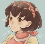  1girl blush brown_eyes brown_hair closed_mouth gensou_suikoden gensou_suikoden_ii hairband nanami_(suikoden) short_hair simple_background smile solo 