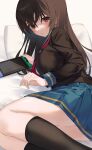  1girl ass bangs black_hair black_legwear blush hachinatsu highres long_hair looking_at_viewer lying nintendo nintendo_switch on_side original red_eyes school_uniform serafuku skirt socks solo thighs uniform 