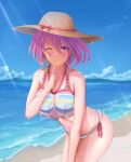  1girl absurdres bangs bare_shoulders beach bikini blue_sky blush breasts closed_mouth collarbone cozie178 eyebrows_visible_through_hair fate/grand_order fate_(series) feet_out_of_frame finger_to_mouth hair_between_eyes hat highres leaning_forward looking_at_viewer mash_kyrielight medium_breasts medium_hair multicolored_bikini multicolored_clothes multicolored_swimsuit ocean one_eye_closed purple_hair sand sky smile solo standing sun_hat swimsuit thighs violet_eyes 