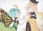  2girls antennae aqua_hair black_headwear blonde_hair blush butterfly_wings cape closed_mouth constellation_print cosmicmind dress eternity_larva eyebrows_visible_through_hair fairy green_dress hair_between_eyes hat leaf leaf_on_head long_hair matara_okina multicolored_clothes multicolored_dress multiple_girls open_mouth orange_cape orange_eyes orange_sleeves short_hair single_strap tabard touhou upper_body wide_sleeves wings yellow_eyes 