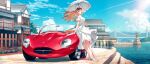  1girl bangs blew_andwhite blonde_hair blue_eyes blue_sky blush braid bridge building car casual commentary_request crown day dress eyewear_on_head flower ground_vehicle high_heels highres holding holding_umbrella jaguar_(car) kantai_collection long_hair looking_at_viewer motor_vehicle one_eye_closed outdoors red_flower red_rose rose short_sleeves sky smile solo standing sunglasses sunlight umbrella warspite_(kancolle) water white_dress 