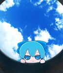  1girl blue_bow blue_eyes blue_hair blue_sky bow character_doll cirno clouds fumo_(doll) hair_bow hole looking_at_viewer pov rei_(tonbo0430) short_hair sky solo touhou 
