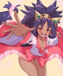  1girl big_hair black_panties blue_hair breasts cleanerjay crown dress highres iris_(pokemon) long_hair open_mouth panties pantyshot pink_dress pokemon red_eyes small_breasts solo thigh-highs underwear very_long_hair 