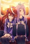  2girls animal_ears aqua_ribbon bag black_legwear blue_eyes brown_hair closed_mouth clouds collarbone ear_ribbon eyebrows_visible_through_hair hair_between_eyes hair_ribbon horse_ears horse_girl long_hair long_sleeves looking_to_the_side mejiro_mcqueen_(umamusume) multicolored_hair multiple_girls pink_ribbon purple_hair ribbon riichu school_uniform sitting sky streaked_hair sunset thigh-highs tokai_teio_(umamusume) tracen_school_uniform umamusume violet_eyes white_hair 