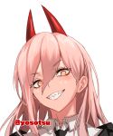  1girl chainsaw_man collared_shirt grin hair_between_eyes highres horns long_hair looking_at_viewer pink_hair portrait power_(chainsaw_man) sharp_teeth shirt simple_background smile smug solo teeth ulrich_(tagaragakuin) white_background white_shirt wing_collar yellow_eyes 