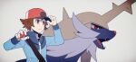  1boy black_shirt blue_jacket blurry brown_eyes brown_hair closed_mouth commentary_request grey_background hand_on_headwear hat hilbert_(pokemon) holding holding_poke_ball jacket jaho long_sleeves male_focus poke_ball poke_ball_print pokemon pokemon_(creature) pokemon_(game) pokemon_bw red_headwear samurott shirt short_hair simple_background 