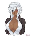  1girl artist_name breasts collarbone commentary commission dark-skinned_female dark_skin english_commentary eyepatch highres large_breasts lips looking_at_viewer original parted_lips red_eyes shardanic short_hair silver_hair simple_background solo teeth upper_body watermark white_background 