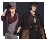  2boys ;) adjusting_clothes adjusting_gloves ahoge alternate_costume arm_up bangs belt black_belt black_gloves black_pants blue_eyes blush brown_hair brown_shirt buttons coat coat_on_shoulders collarbone collared_shirt ear_piercing earrings gem genshin_impact gloves grey_background grey_pants grey_vest hand_on_hip highres jewelry long_sleeves looking_at_viewer male_focus multiple_boys necklace necktie nokkusuart one_eye_closed open_mouth orange_hair outside_border pants parted_lips pectorals piercing ponytail red_shirt shirt short_hair_with_long_locks sidelocks simple_background sleeves_rolled_up smile standing suspenders tartaglia_(genshin_impact) tassel tassel_earrings teeth twitter_username vest white_necktie wing_collar zhongli_(genshin_impact) 